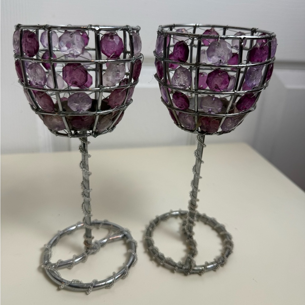 Set of 2 Purple Crystal Beaded Candle Holders Glam Decor - Picture 15 of 16
